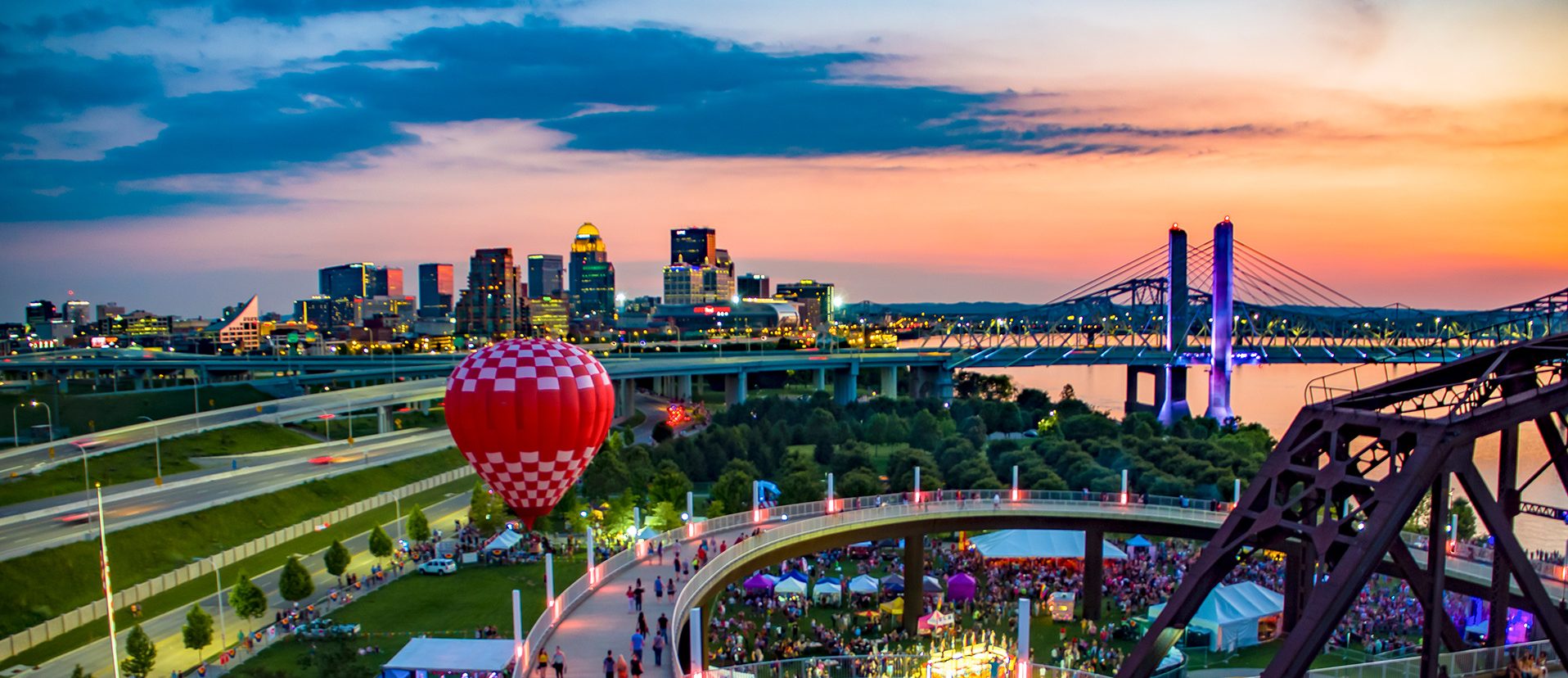 Waterfront Park in Louisville, Kentucky with the skyline in the background.