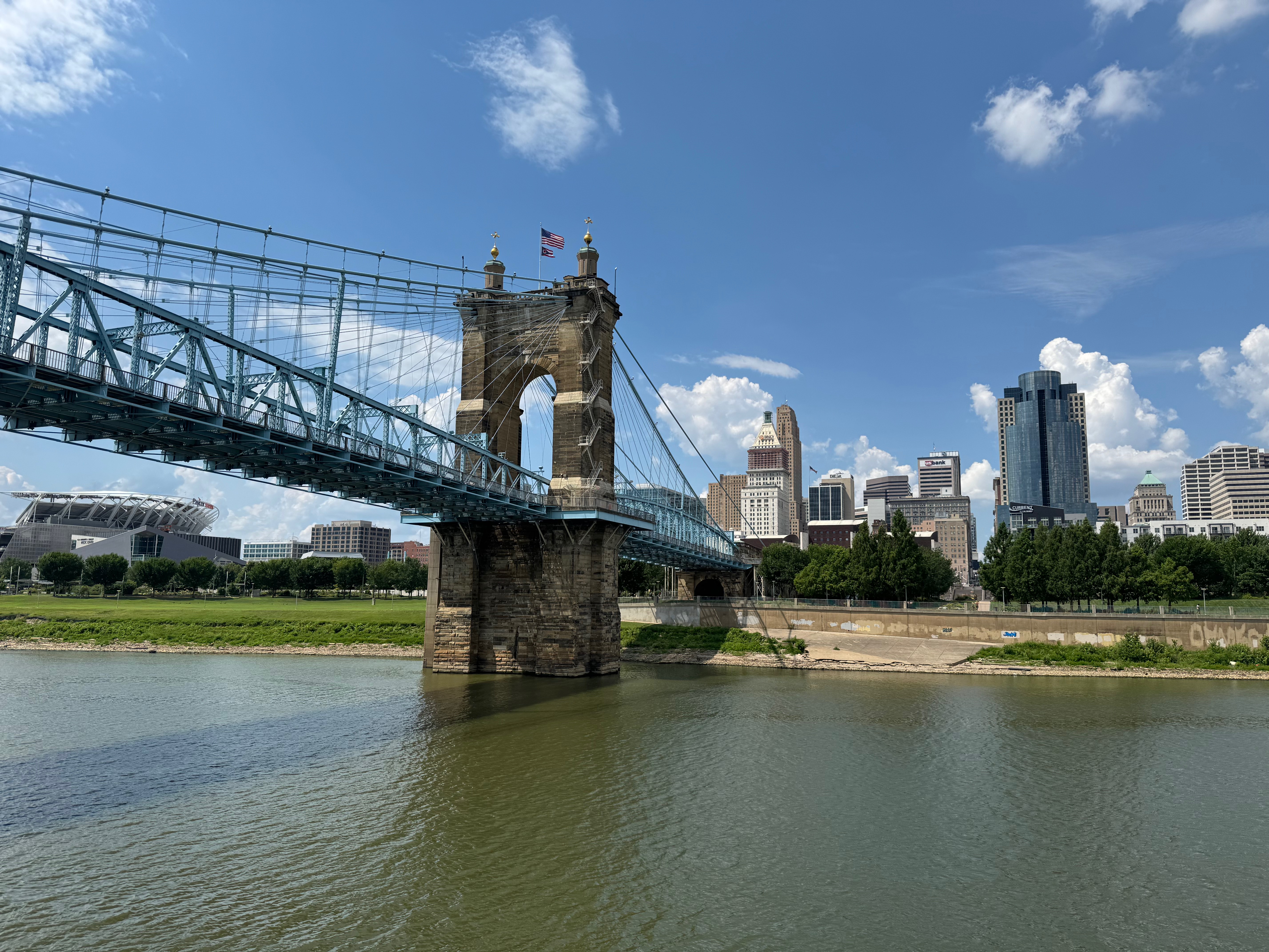 A view from Kentucky to Cincinnati with the Roebling Bridge in the foreground.